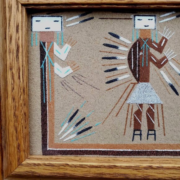 Navajo Sand Art "Rainbow Yei" By Lester Johnson In Oak Frame 7.5" - Picture 9 of 9